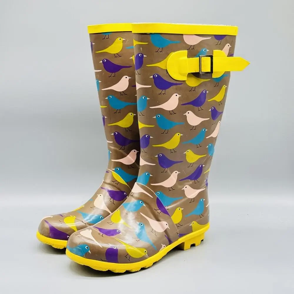 Mini Boden Boots Youth Girls 3‎ Yellow Brown Rain Bird Print Rubber Tall